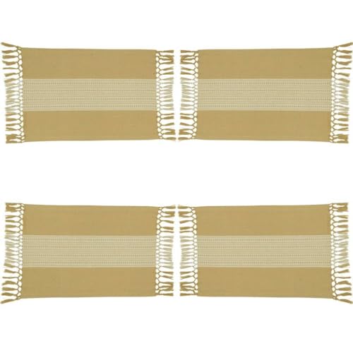 Fennco Styles Banded Stripe Fringe Placemats 14" W x 20" L, Set of 4 - Cotton Woven Table Mats for Home, Dining Table Décor, Banquets and Special Occasion
