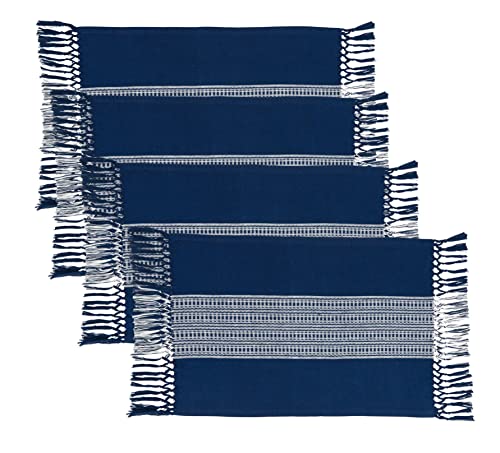 Fennco Styles Banded Stripe Fringe Placemats 14" W x 20" L, Set of 4 - Cotton Woven Table Mats for Home, Dining Table Décor, Banquets and Special Occasion