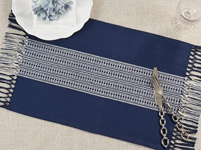 Fennco Styles Banded Stripe Fringe Placemats 14" W x 20" L, Set of 4 - Cotton Woven Table Mats for Home, Dining Table Décor, Banquets and Special Occasion
